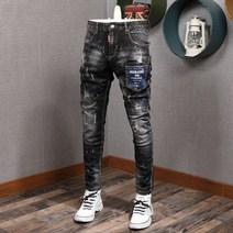남자 명품 청바지 패션 스트리트 남성 청바지 슬림 피트 탄성 파괴 찢어진 데님 바지 페인트 접합 디자이너 힙합 펑크 바이커 바지