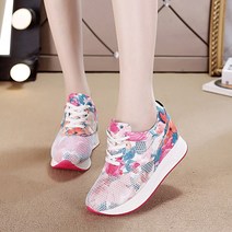 도오빠 로즈키 여성 키높이 운동화 스니커즈 가죽 6CM 하이힐 통굽 레이스업 꽃무늬 메쉬 여자운동화 신발