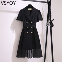 vsyoy vsyoy 대형 여성 2022 년 여름 새로운 외국 스타일 디자인 느낌 작은 그룹 슬림 배꼽 메쉬 스티칭 정장 드레스