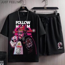 JUST FEEL!NG 여름 빅사이즈 남성 캐주얼 루즈핏 반팔티 반바지 투피스 스포츠 트레이닝복