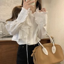 안나리야 하이넥 프릴 랩 러플 리본 코튼 블라우스 SY