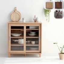 프리츠 하우젠 원목 감성 유리 미닫이 주방 수납장 그릇장 접시 그릇 장식장 무인양품 무지, HOLID 슬라이딩 2문 솔리드형 미들브라운