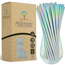 Naturalik 340997 내추럴릭 100팩 엑스트라 내구성 무지개 종이 빨대 프리미엄 대량 주스 레스토랑 파티 용품용 음료용 7.7인치실버 100ct, 100pc_Iridescent Silver