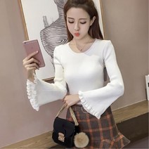 프릴소매 골지 니트블라우스 여성패션 레이스블라우스 여성스러운 하늘하늘 레이스