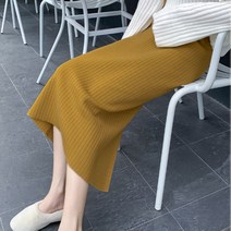 여성 골지 니트 스커트 심플 베이직 데일리 허리 밴디 롱 미디