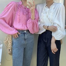 여자 워너비 프릴 리본끈 페미닌 블라우스