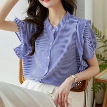 데일로엔 여성 헨리넥 프릴 소매 스트라이프 셔츠 블라우스
