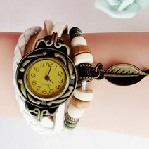 흰색 옐로우 뱅글 나뭇잎 장식 손목 시계 합금 PU 가죽 밴드 줄 끈 여성 여자 데일리 포인트 다이얼 아날로그 생일 선물 여성시계 여자시계 패션손목시계 팔찌시계 뱅글시계 가죽시계