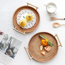 (천연 등나무 라탄소재) 핸드메이드 라탄트레이 / 우수한통기성 견고한디자인 편리한손잡이, 1개, 브라운