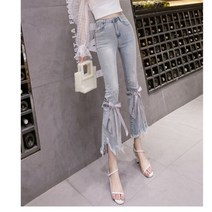 특이한 레이스 9부 나팔바지 독특한 청바지 데님팬츠