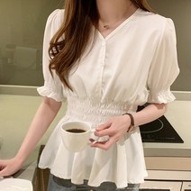 블라우스쇼핑몰 흰색 페플럼 블라우스 소매 밑단 프릴 카라없는 v넥