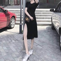 롱원피스 반팔 옆트임 블랙 휴양지 데일리 코디