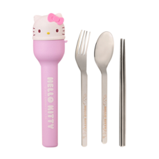 Sanrio 三麗鷗 Hello Kitty 凱蒂貓 隨行不鏽鋼餐具組 4件組 造型收納盒, 湯匙 + 筷子 + 叉子 + 造型收納盒, 粉紫色, 1組