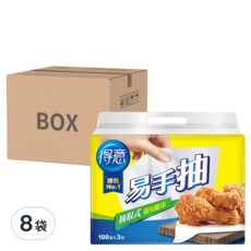 得意 抽取式廚房紙巾 易手抽, 食用級, 乾淨不沾手, 輕鬆抽取 100抽x3包 8袋, 3包