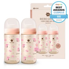 베베그로우 PPSU 노꼭지 젖병 트윈팩, 무궁화, 280ml, 1세트 무궁화핑크, 280ml, 2개