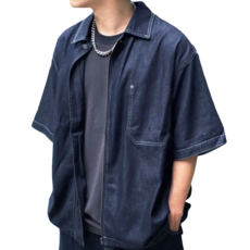 BOHRHOO Zipper Demin Shirt 短袖牛仔襯衫外套, L