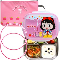 리틀미 유아용 실리콘 추가 스텐 식판 세트, 핑크(사과공주), 스텐식판 + 추가 실리콘 2p + 가방