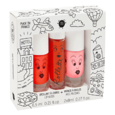 nailmatic KIDS 奇妙旅行兒童水漾亮彩指甲油唇彩3入組 - 法國製造, 亮橘色 + 紅橘色 + 無色 指甲油8ml x 2 + 唇彩6.5ml, 1組