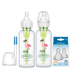 닥터브라운 플라밍고 데코 내로우넥 유리 젖병 250ml x 2p + 3단계 젖꼭지 2p + 크리닝 브러쉬 2p, 화이트 + 그린, 1개 화이트 + 그린, 1개