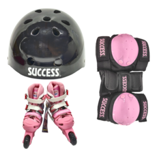 SUCCESS 成功 PU發光輪兒童伸縮直排輪Set (含鞋帶/護盔/護膝/護腕/護肘) 粉色 M(17-19cm), M(17~19cm), 1組