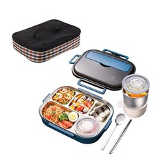 Mega 莫蘭迪新色 304不鏽鋼五格便當盒 Set, 附餐具 + 湯碗 + 便當袋, 藍色 + 黑格紋, 1組