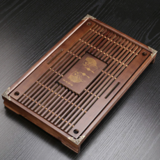 特選竹木PP 抽屜茶盤，43*28*5.5cm, 棕色 魚, 1個