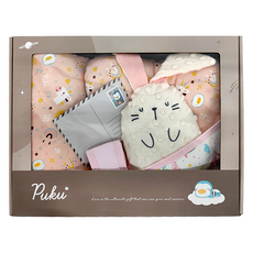 PUKU 藍色企鵝 雲朵抱抱晚安禮盒 (雲朵枕+印花薄被+晚安包巾+安撫玩具), 雲朵枕32 x 22 x 4~9cm + 薄被100 x 75cm + 包巾75 x 75cm + 玩偶21 x 15cm, 粉紅馬