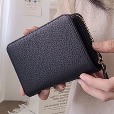 真皮頭層荔枝紋牛皮自動分離女士皮夾錢包中夾女夾, 黑色, 10卡位, 2大鈔位, 12.8 x 9.5 x 3cm