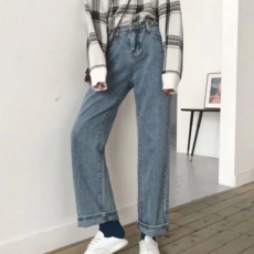 HL604高腰直筒牛仔寬褲 2XL, 藍色