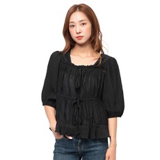 CARET 女款綁帶皺褶雪紡衫, Free Size, 黑色