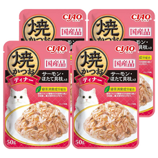 INABA CIAO 啾嚕 鰹魚燒晚餐包, 50g, 國產, 含鮭魚和扇貝, IC-239 鰹魚 + 鮭魚 + 干貝, 4包