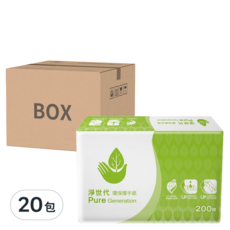 淨世代環保擦手紙, 200抽x20包/箱, 100%回收紙漿製成, 200張, 20包