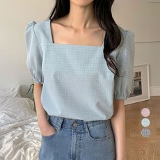afinar 女款方領格紋泡泡紗雪紡衫