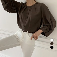 무드인더 여성용 라운드넥 꼬임 퍼프 블라우스