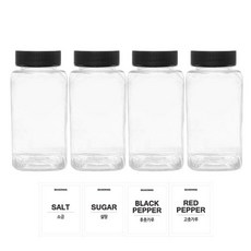 홈앤라이프 투명사각 PET 양념통 200ml 세트, 1세트, 양념통 4p + 검정캡 4p + 스티커 4p(소금 + 설탕 + 후추 + 고춧가루)