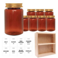 홈앤라이프 갈색 원형 PET 양념통 알루미늄 골드 캡 250ml x 8p + 흰색 스티커 8p + 사각 선반 세트, 1세트, 양념통 원형 8p + 흰색 스티커 8종 + 사각 2단 선반