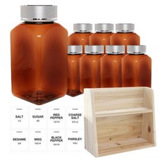 병도매닷컴 갈색 사각 PET 양념통 세트, 1세트, 갈색사각PET양념통 200ml x 8p + 금속실버캡 8p + 라벨스티커 8p + 오픈 2단 선반