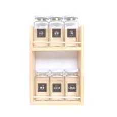핸드팩토리 양념통 사각 라지 화이트캡 6p + 2단 양념통 우드선반 중 + 뱃지 라벨, 1세트, 3종