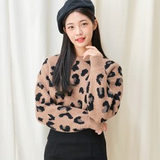 반에이크오 여성용 호피무늬 라운드 니트