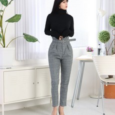 페이퍼먼츠 여성용 하이웨스트 벨트 체크 모직 9부 팬츠 7205