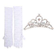 파티롱장갑 망사 38cm + 큐빅 티아라왕관A 중 + 대, 화이트, 실버, 1세트
