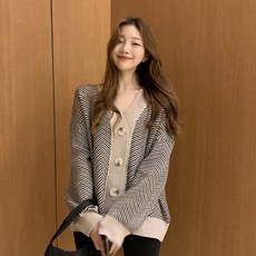 코코블랑 여성용 헤링본 배색 가디건