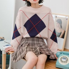 공블리 여성용 데미지 아가일 니트티 CST1156