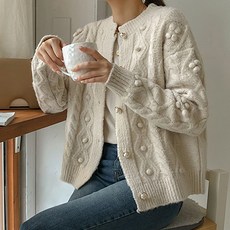 여성용 진주버튼 방울 니트 가디건