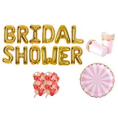 브라이덜샤워 소품 패키지 BRIDAL SHOWER 풍선 골드 + 꽃팔찌 미니로즈 핑크 4p + 테이블웨어 핑크, 혼합색상, 1세트