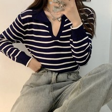 페이퍼먼츠 여성용 스마트 스트라이프 카라 니트 티셔츠 00566