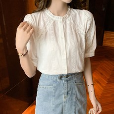 페이퍼먼츠 주름 헨리넥 펀칭 시스루 반팔 블라우스 02014