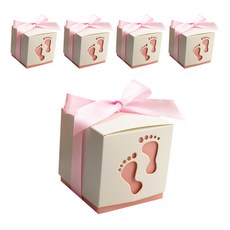 글로리빙 답례품 생일선물 포장 상자 아기발바닥 + 리본 세트, 핑크, 5세트