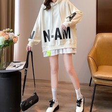 메이첼 여성용 루즈핏 레이어드 빅 레터링 긴팔 후드 티셔츠 01294
