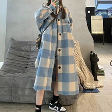메이첼 여성용 빅사이즈 블루몽 빅체크 캐주얼 모직 롱 코트 01753